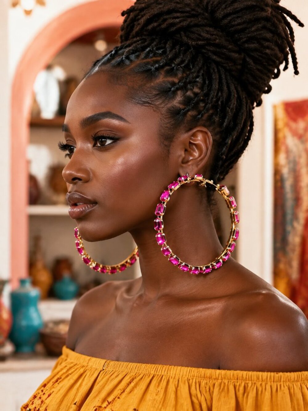 HUGE Pink Crystal Baquette Teardrop Eterna-Dip Gold 4" Wide 100mm Hoop Earrings